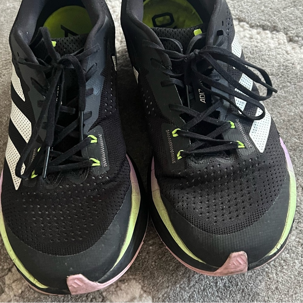 Adidas Black and White Athletic Shoes with Neon Accents